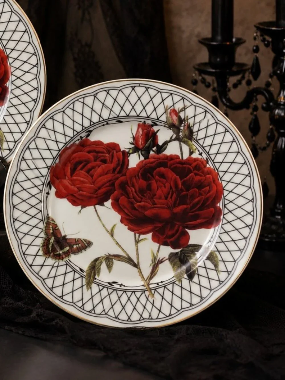 2 New Gothic Red Rose Butterfly Dinner Plates 8
